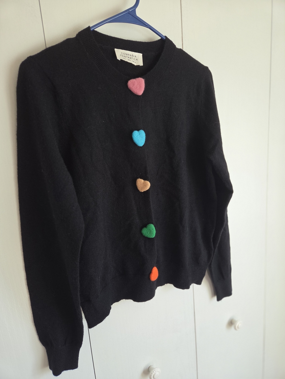 Black Heart-Button Crewneck Cardigan with Multicolor Hearts